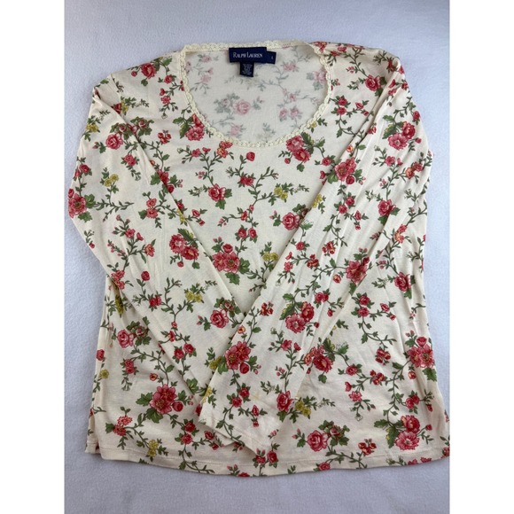 Ralph Lauren Floral Long Sleeve Top Lace Trim Cottagecore Romantic Blouse - Picture 1 of 14